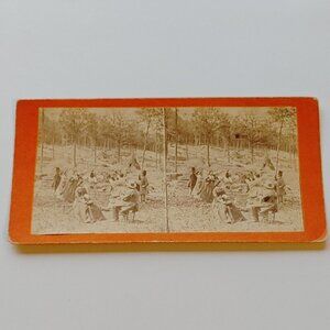 ANTIQUE STEREOGRAPH CARD Victorian Scene Outdoor Meeting